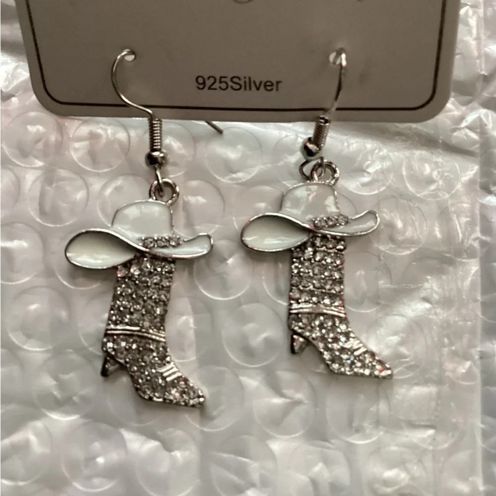 Silver  & White Cowboy Hat Earrings - Picture 2 of 3